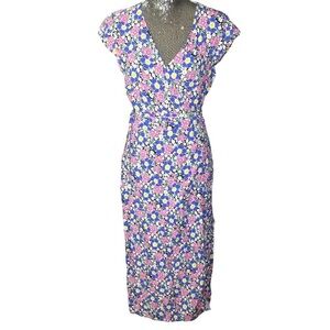 NEW J. Crew MIDI Wrap Dress in Soft Rayon Pink and Blue Flowers Floral Small